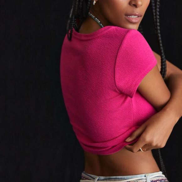 Anthropologie Scoop Neck Baby Tee Crop Top Short Sleeve Hot Pink Medium Feminine - Picture 2 of 12